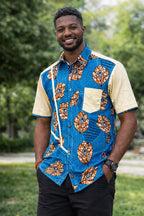 Men’s Blue African Print Shirt – Short Sleeve Ankara Patch Detail Shirt