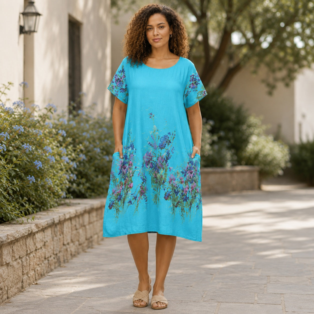 Women’s Floral Print Linen Tunic Short Sleeve Dress – Free Size