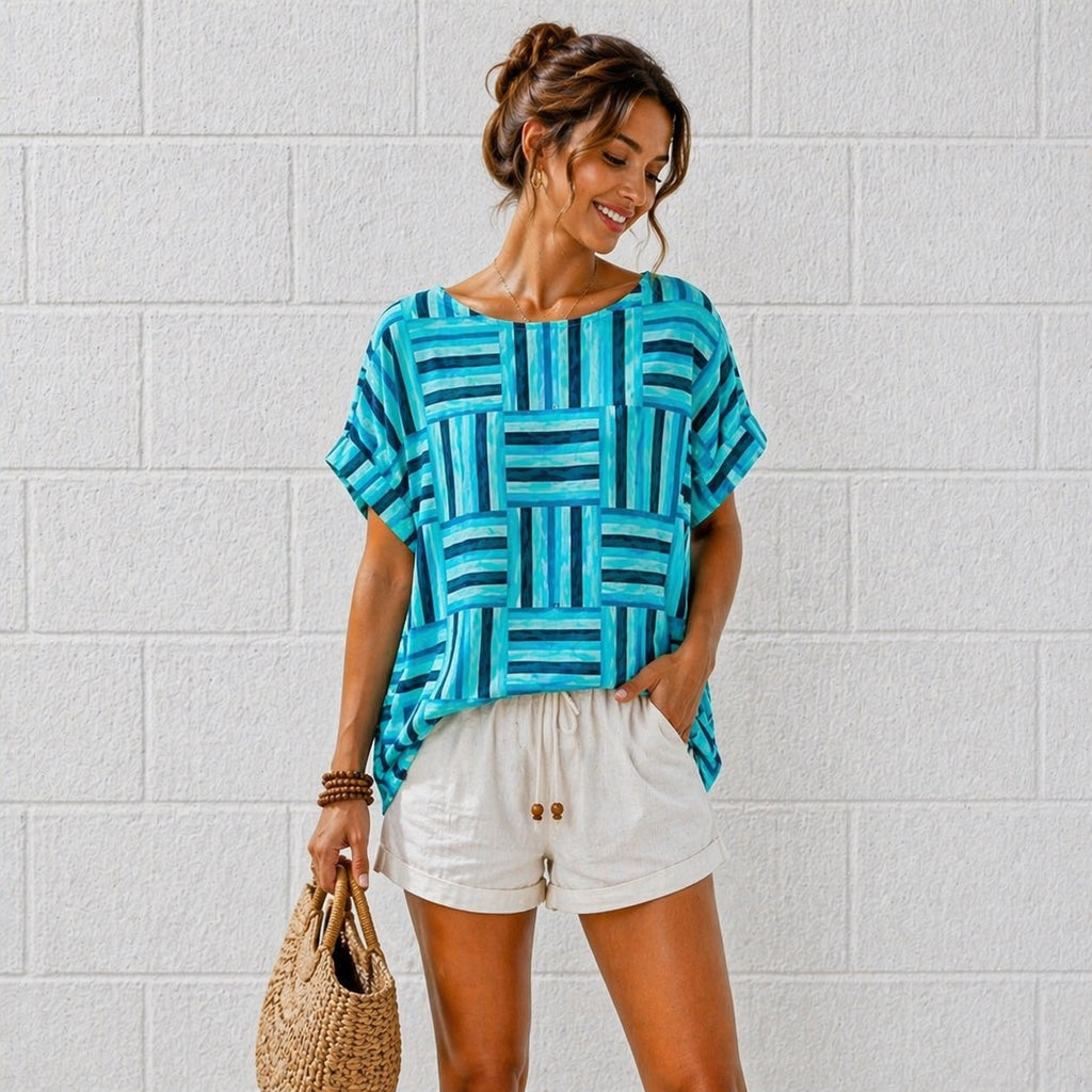 Women’s Geometric Stripe Print Cotton Top – Relaxed Summer Blouse