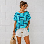 Women’s Geometric Stripe Print Cotton Top – Relaxed Summer Blouse