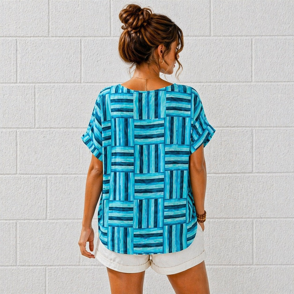 Women’s Geometric Stripe Print Cotton Top – Relaxed Summer Blouse