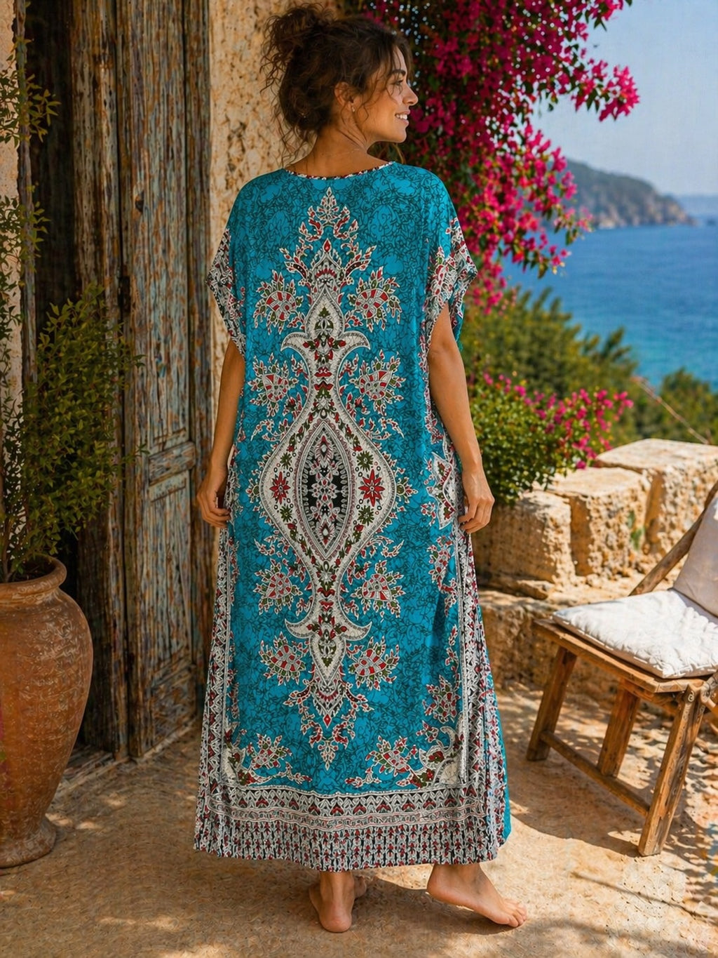 Women’s Paisley Print Kaftan Dress, Free Size 10-16, Loose Maxi Holiday Dress, Available in Turquoise, Orange and Pink
