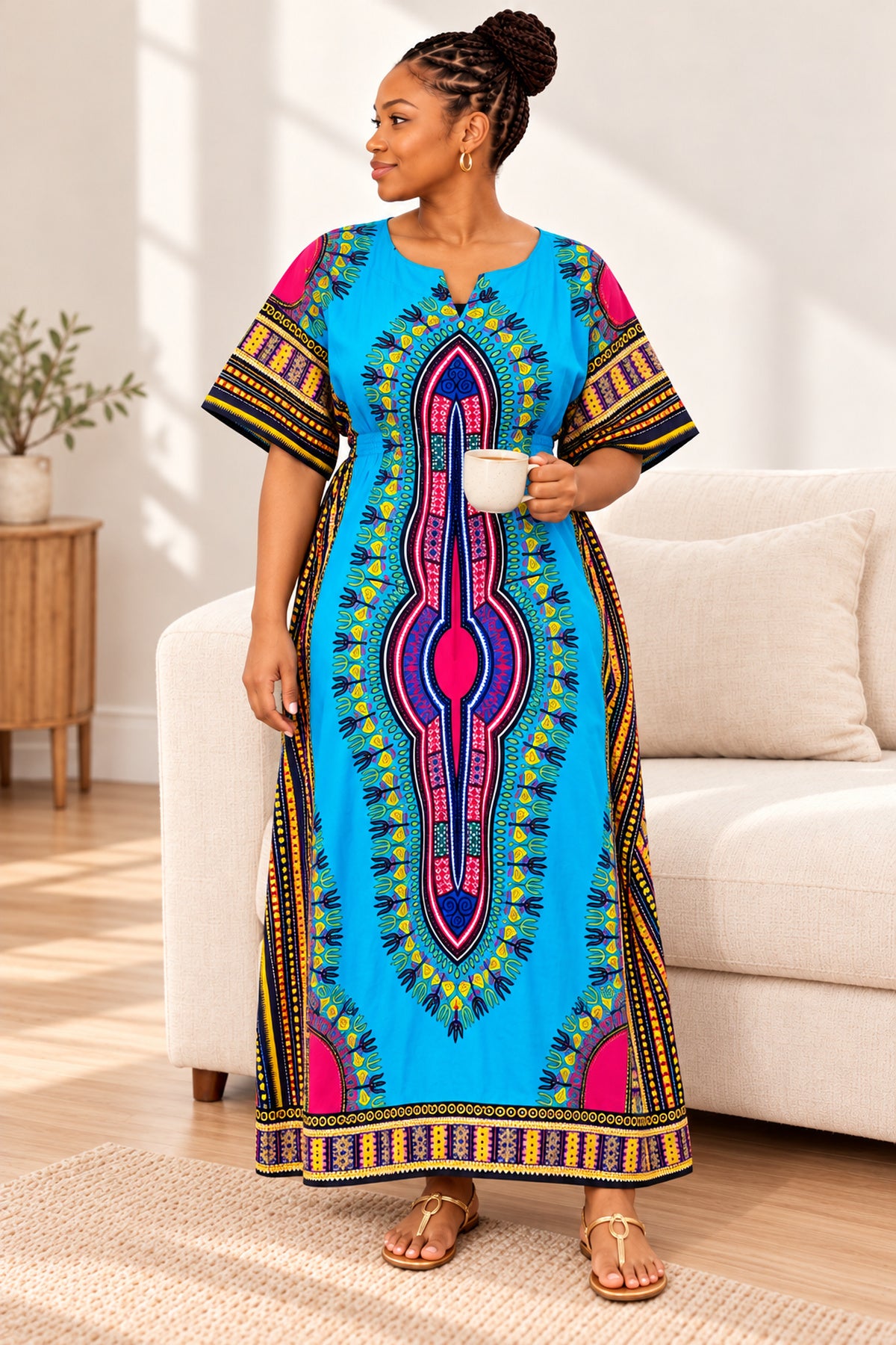 Women's African Print Dashiki Maxi Dress – Short Sleeve Traditional Kaftan in Various Colours