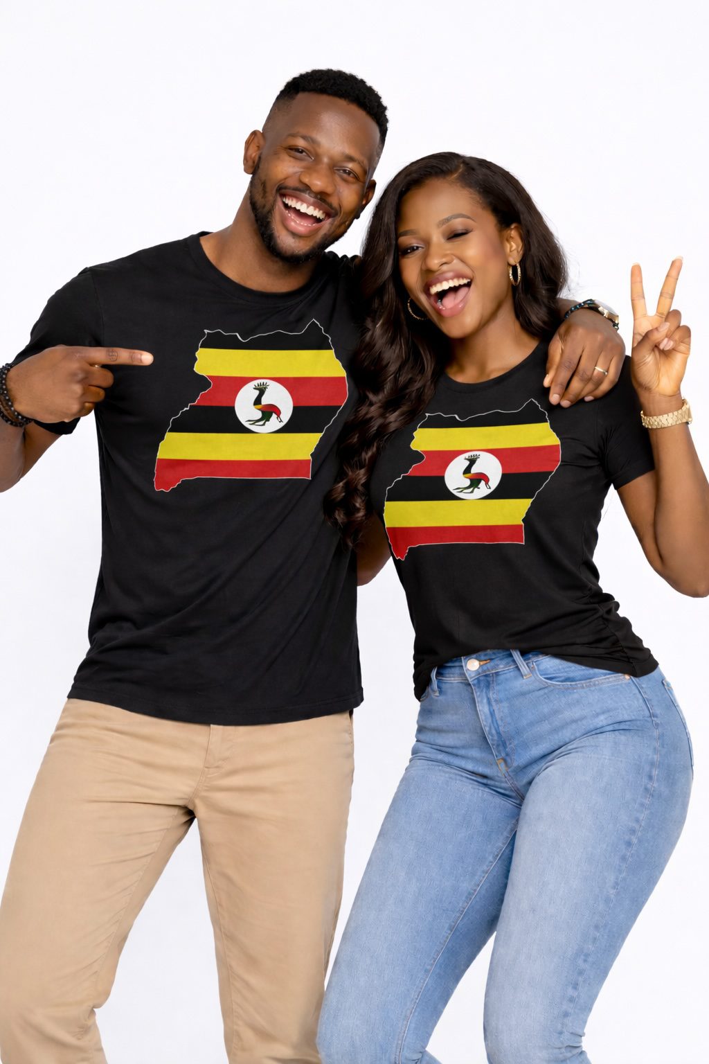 Uganda Country Flag on Crew Neck Black Top