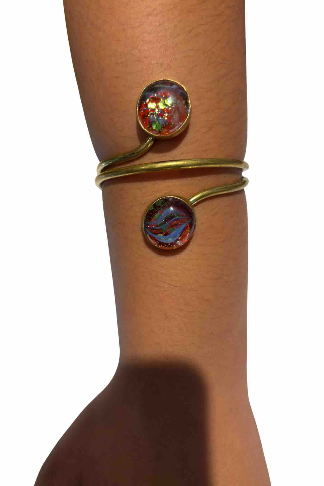 Adjustable Brass Bracelet with Resin Stone Accents