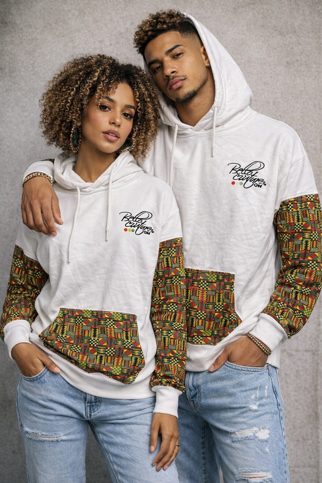 White Unisex Afro-Fusion Hoodie with Printed Panel Accent