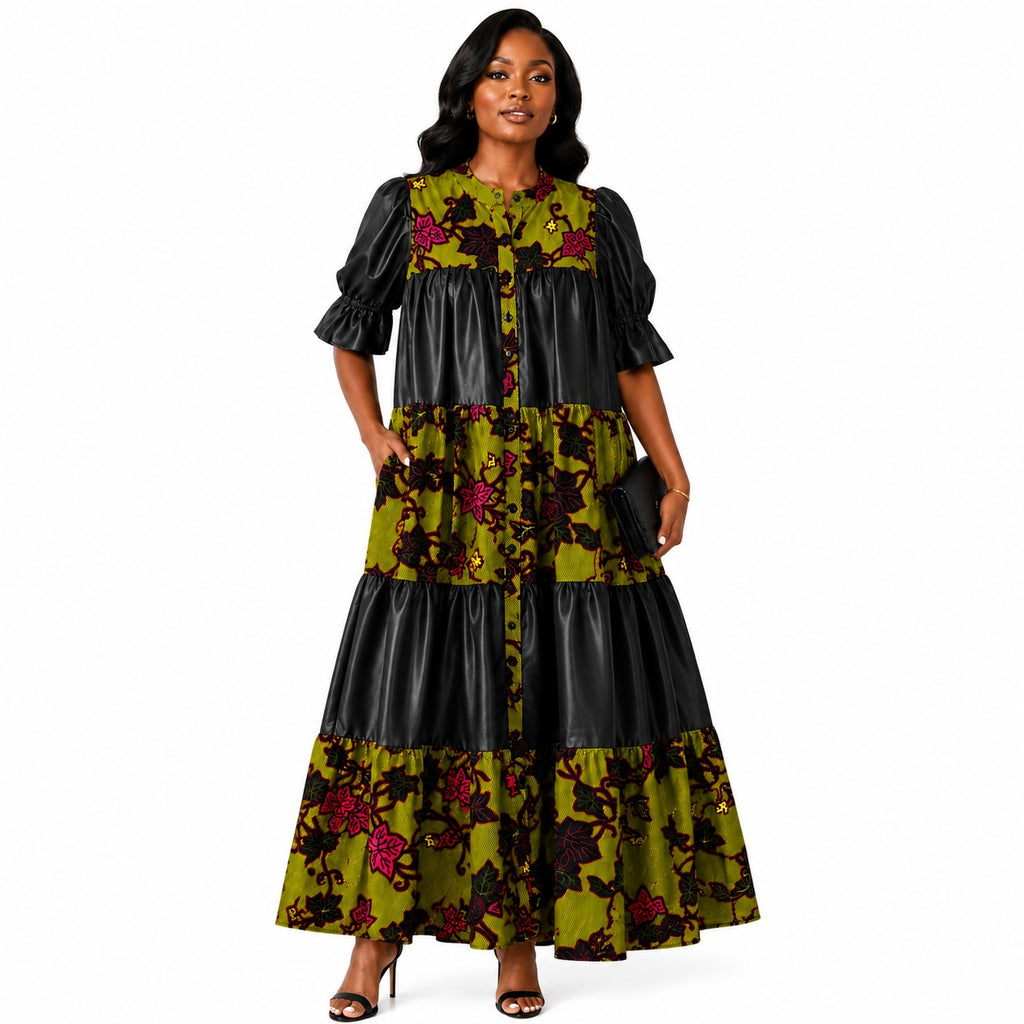 Women’s African Print & Faux Leather Tiered Maxi Dress – Olive Green & Black
