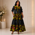 Women’s African Print & Faux Leather Tiered Maxi Dress – Olive Green & Black