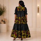 Women’s African Print & Faux Leather Tiered Maxi Dress – Olive Green & Black