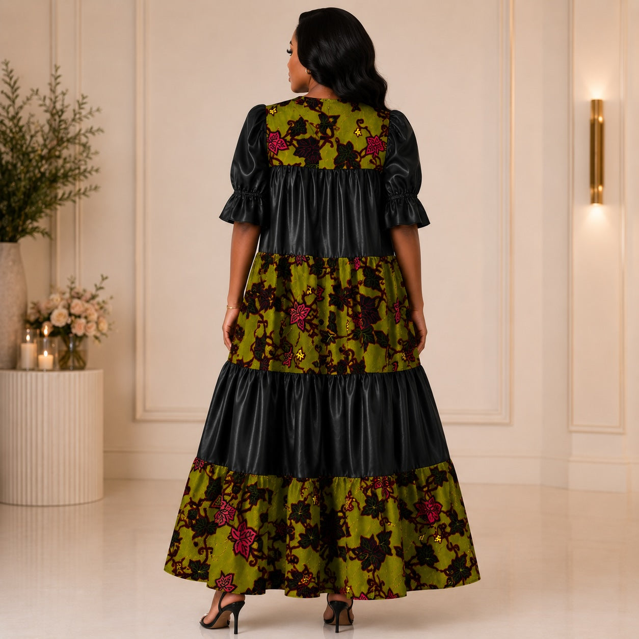 Women’s African Print & Faux Leather Tiered Maxi Dress – Olive Green & Black