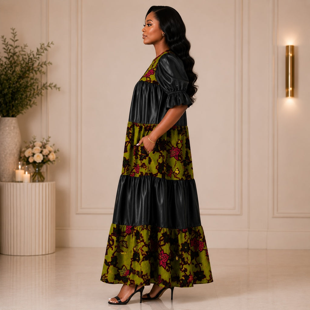 Women’s African Print & Faux Leather Tiered Maxi Dress – Olive Green & Black