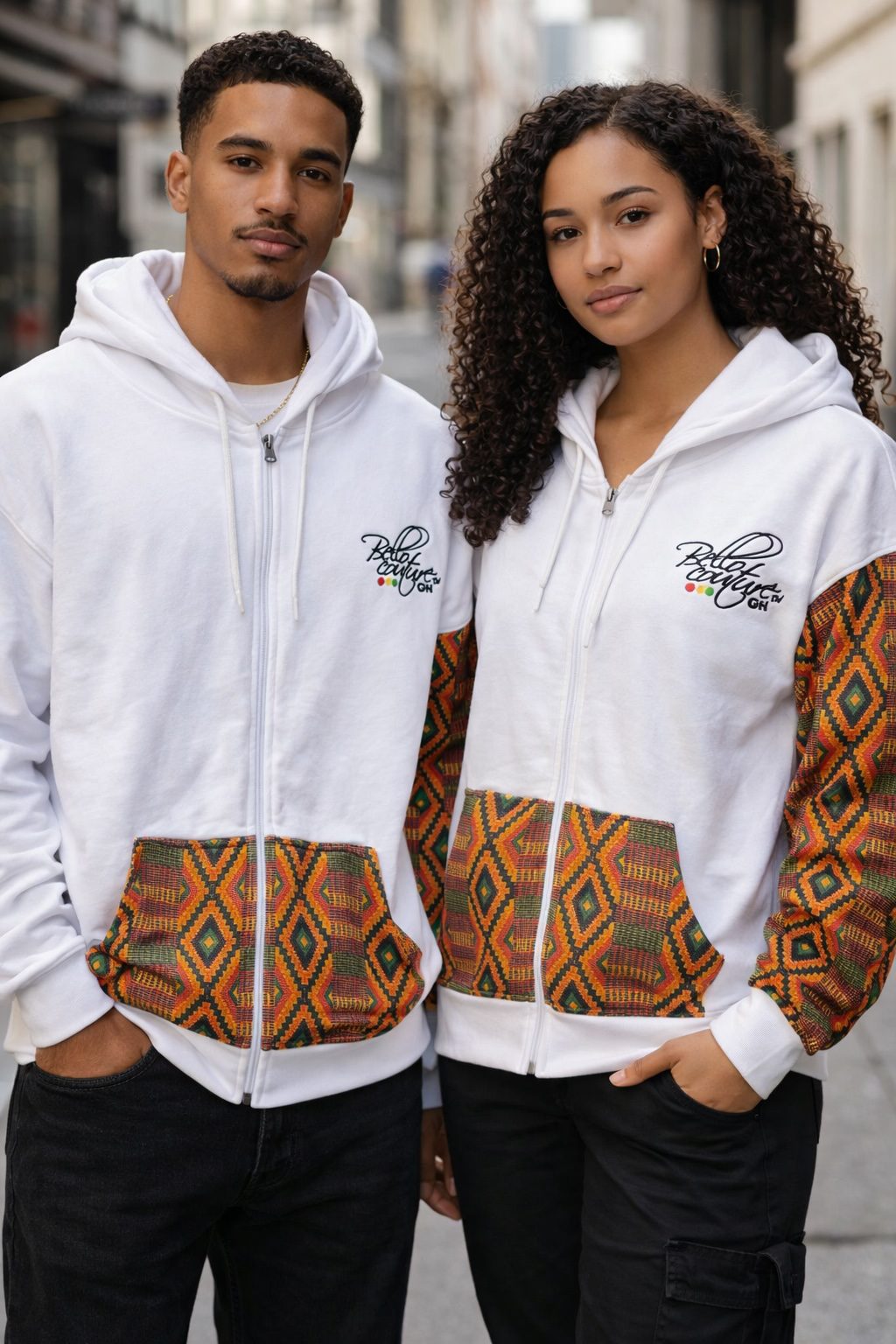 Unisex Afro-Fusion Zip Hoodie sweatshirt - White
