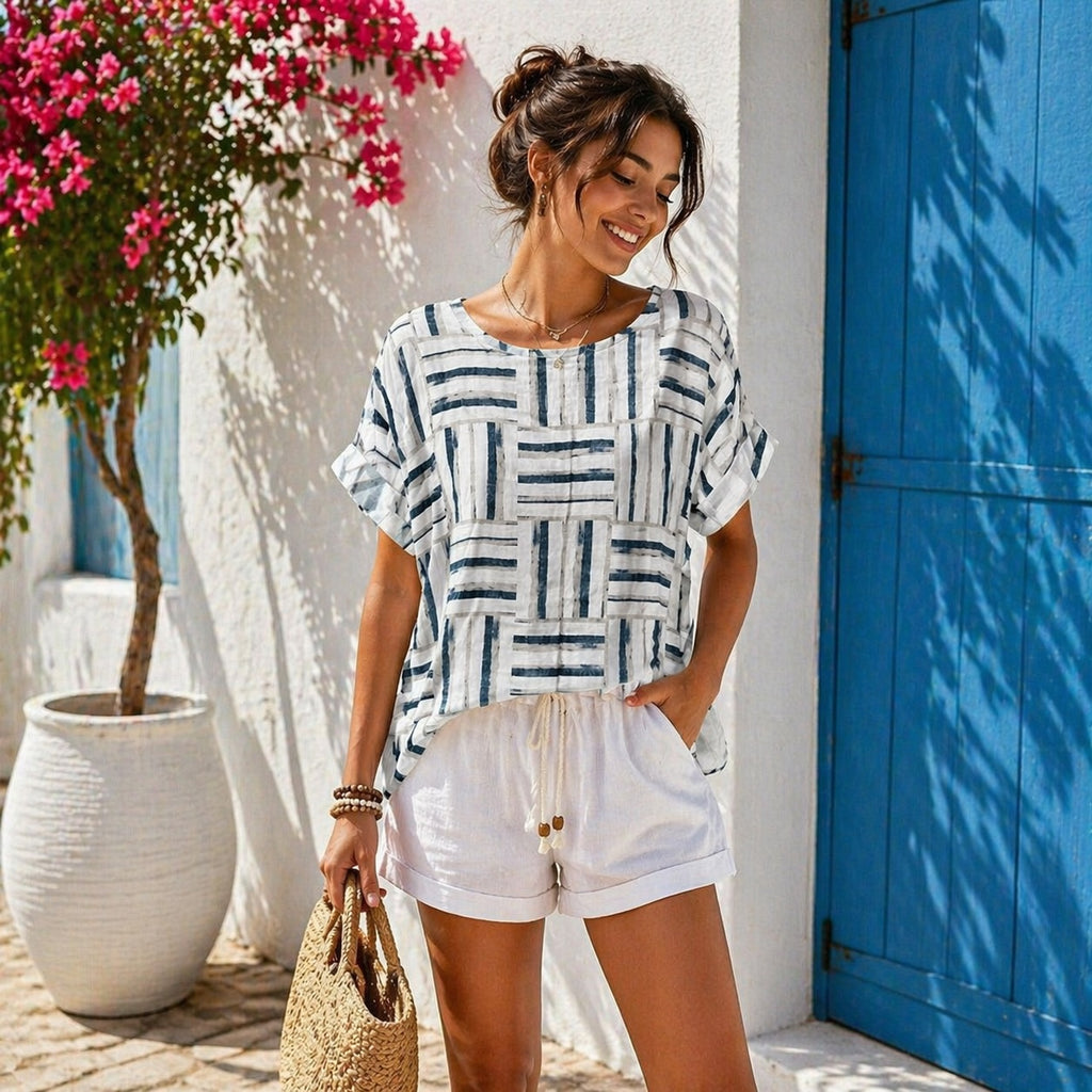 Women’s Geometric Stripe Print Cotton Top – Relaxed Summer Blouse