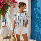 Women’s Geometric Stripe Print Cotton Top – Relaxed Summer Blouse