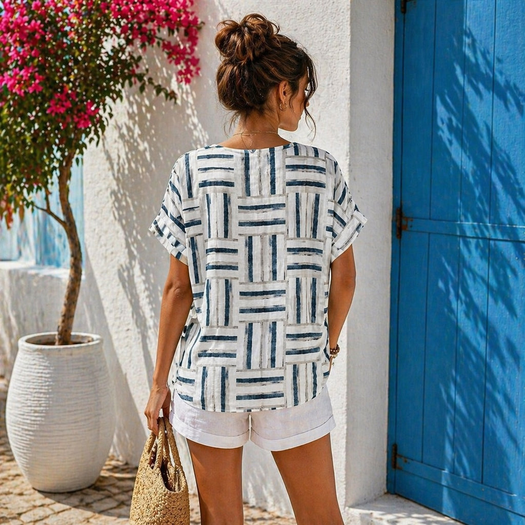 Women’s Geometric Stripe Print Cotton Top – Relaxed Summer Blouse