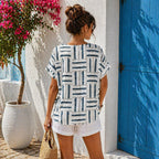 Women’s Geometric Stripe Print Cotton Top – Relaxed Summer Blouse