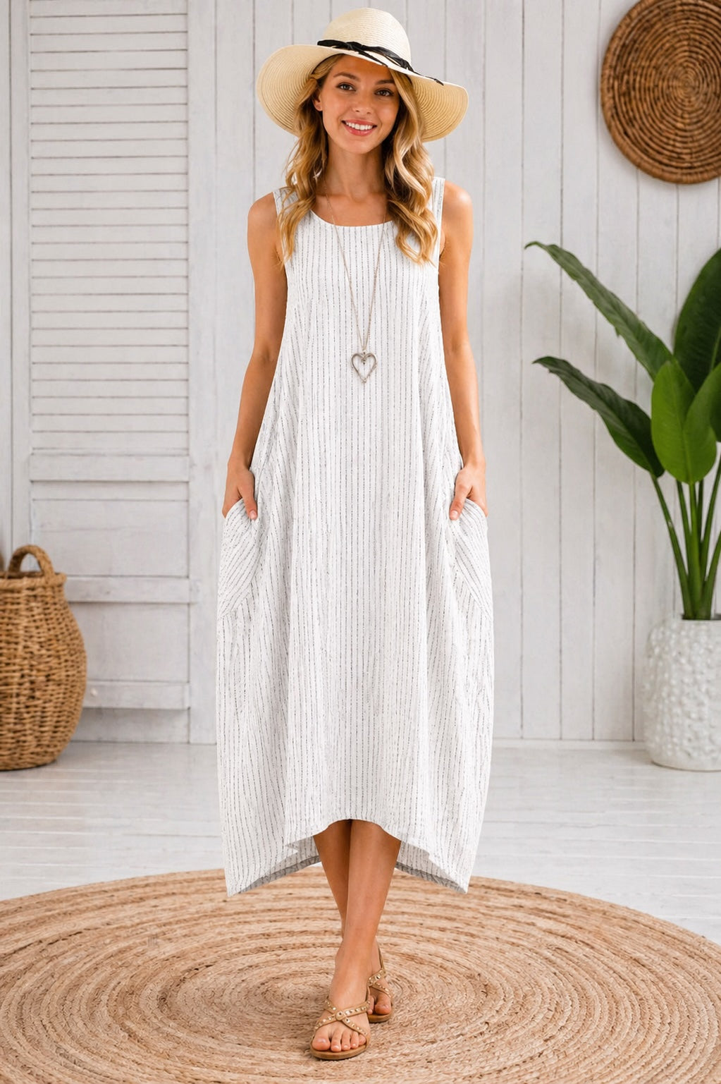 Women’s Stripy Cotton Sleeveless Dress – One Size Up to UK 18