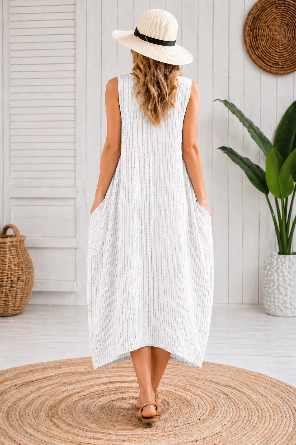 Women’s Stripy Cotton Sleeveless Dress – One Size Up to UK 18