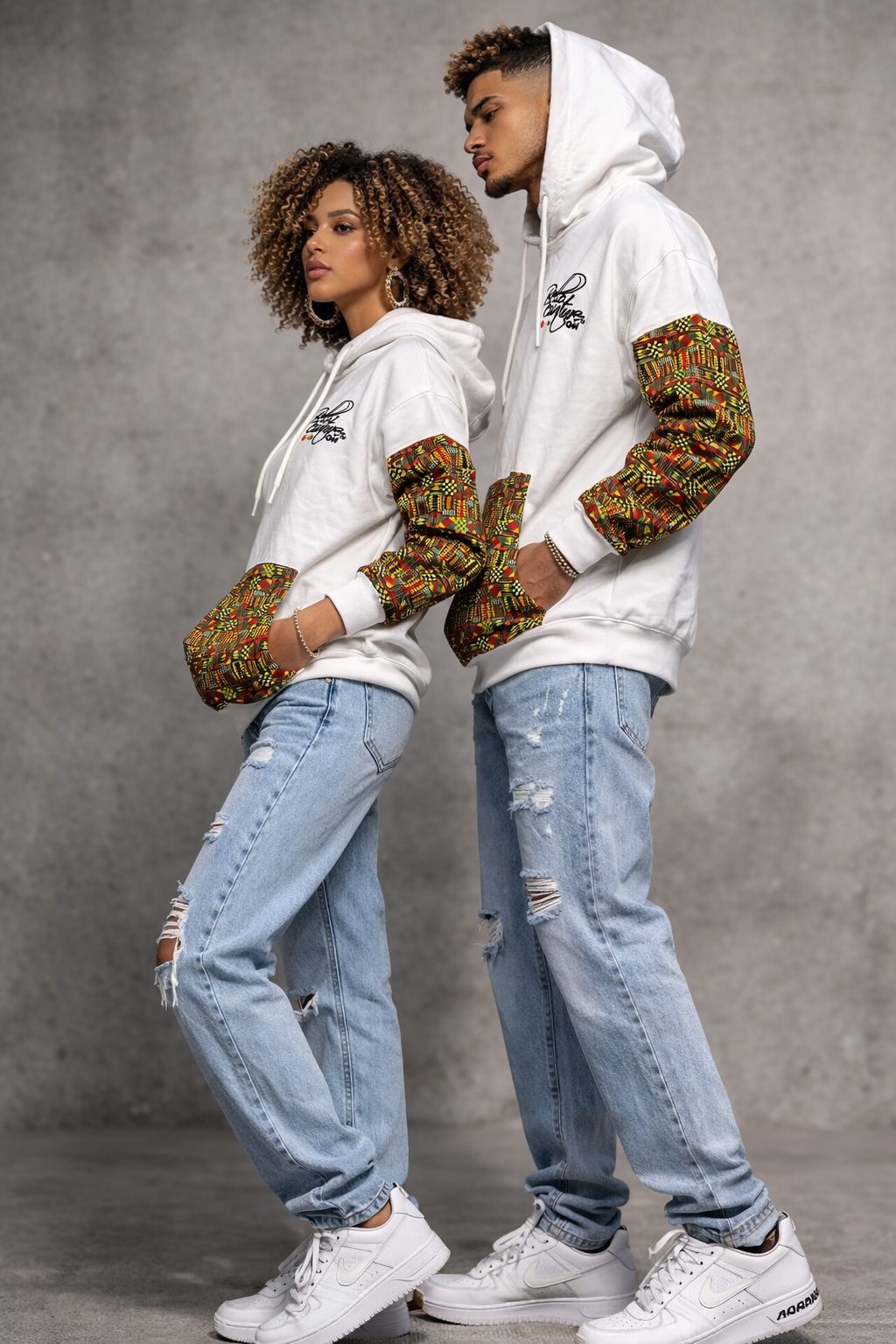 White Unisex Afro-Fusion Hoodie with Printed Panel Accent