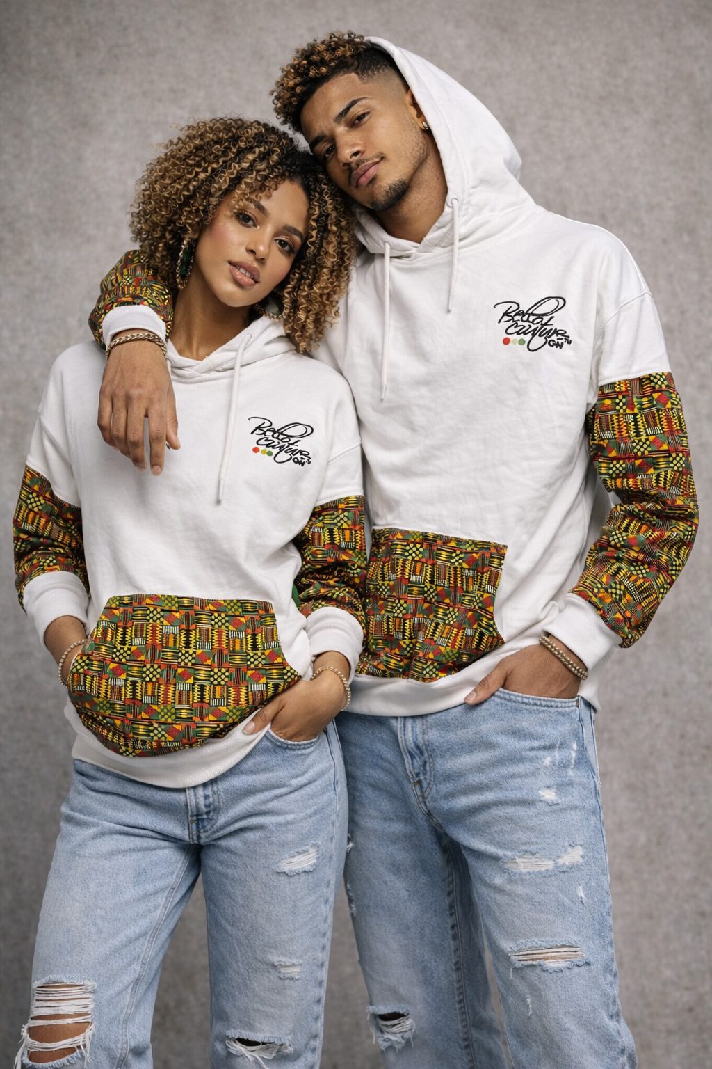White Unisex Afro-Fusion Hoodie with Printed Panel Accent