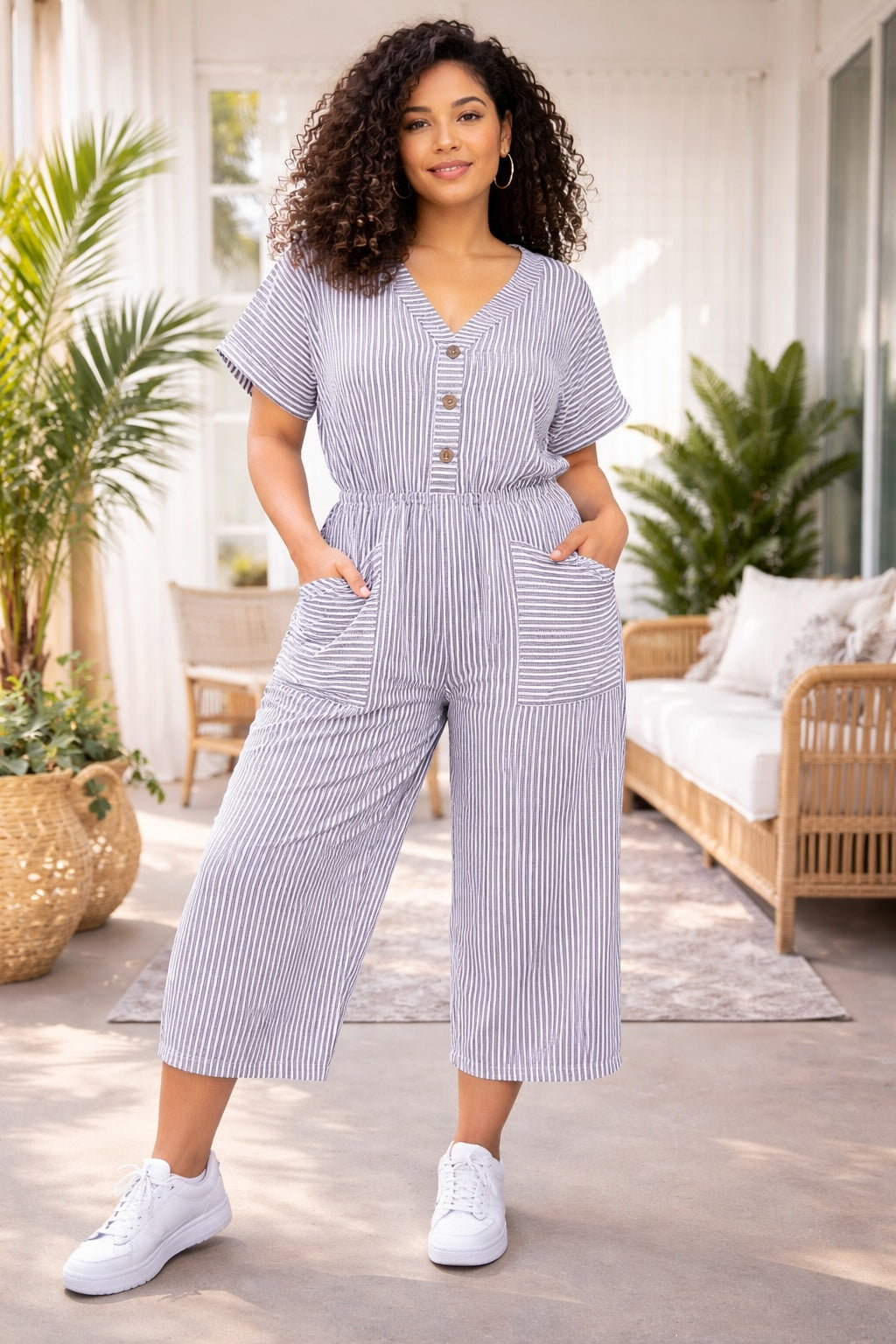 Women’s Striped Cotton Wide-Leg Button Detail Jumpsuit