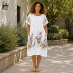 Women’s Floral Print Linen Tunic Short Sleeve Dress – Free Size