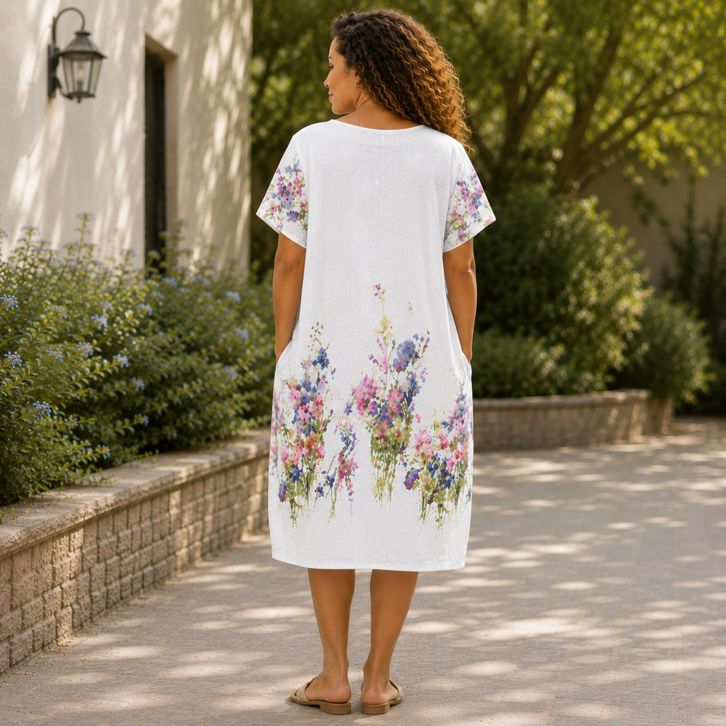 Women’s Floral Print Linen Tunic Short Sleeve Dress – Free Size