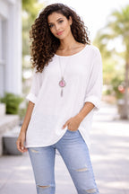 Women’s Cotton Necklace Top – Loose Fit Casual Tunic Blouse