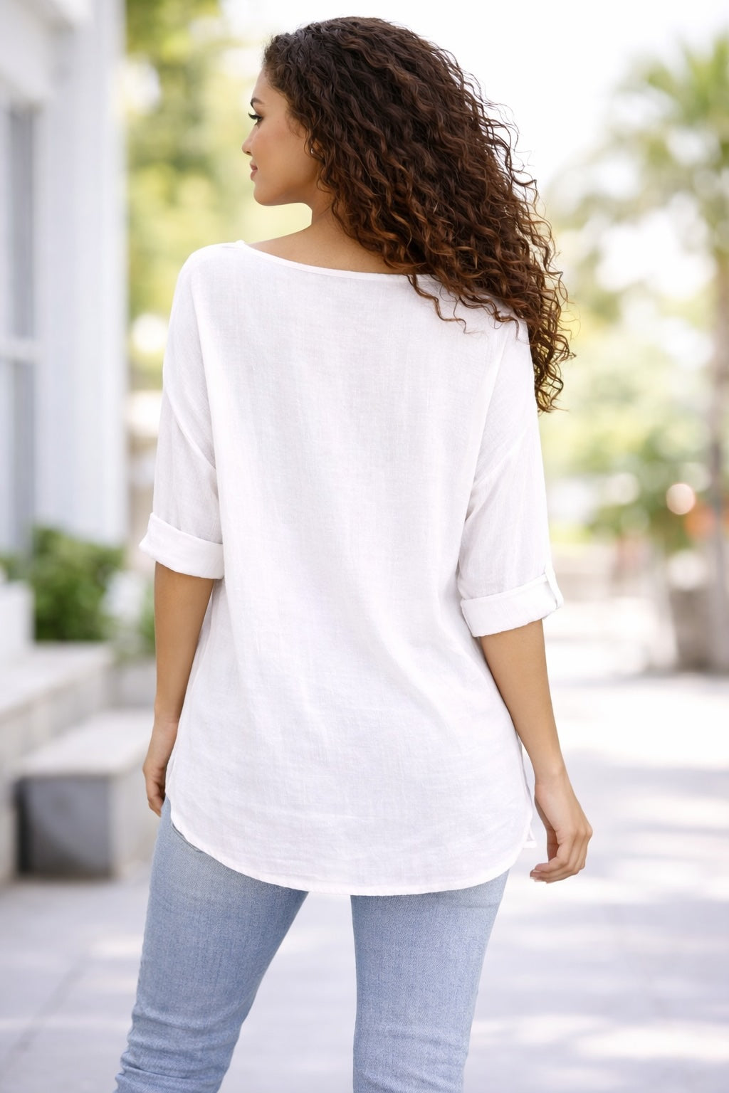 Women’s Cotton Necklace Top – Loose Fit Casual Tunic Blouse