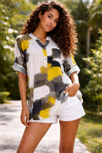 Women’s Splash Print Grandad 3 Button Cotton Top
