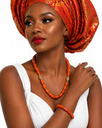 Women’s Nigerian Coral Bead Necklace and Bracelet Set with Gold Accents