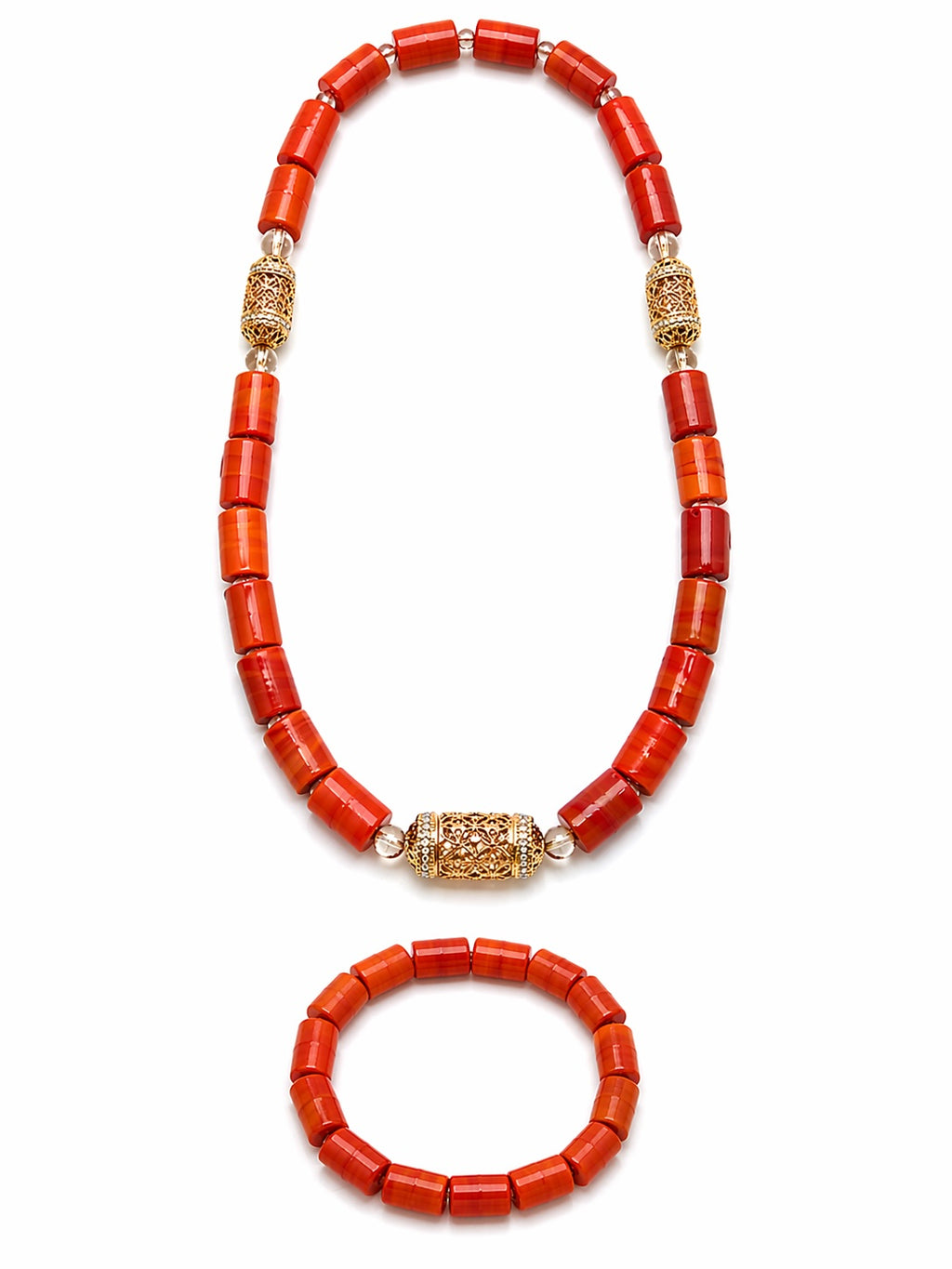 Women’s Nigerian Coral Bead Necklace and Bracelet Set with Gold Centrepiece