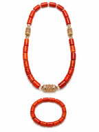 Women’s Nigerian Coral Bead Necklace and Bracelet Set with Gold Centrepiece
