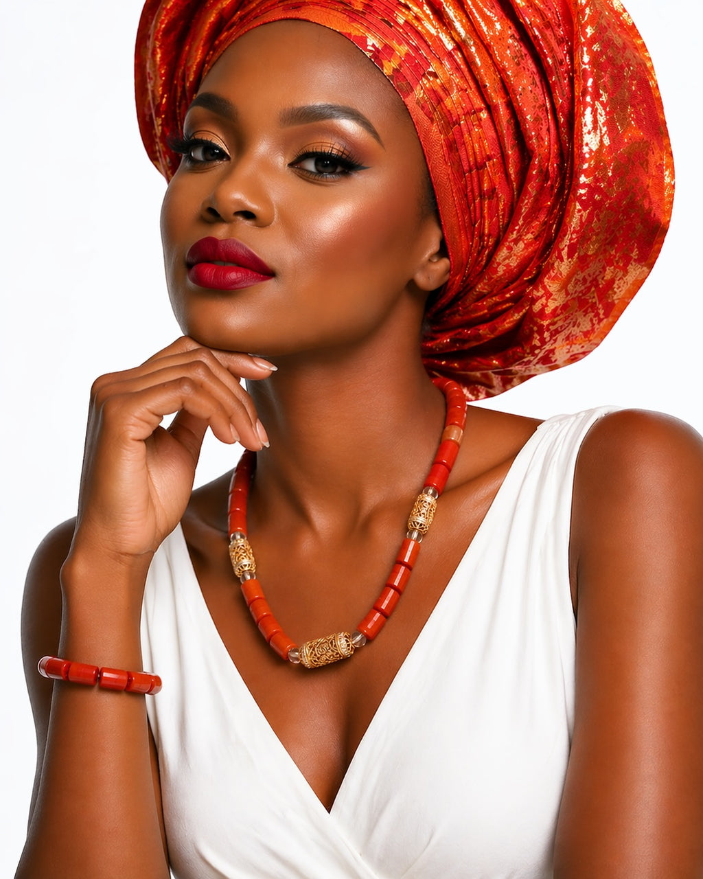 Women’s Nigerian Coral Bead Necklace and Bracelet Set with Gold Centrepiece