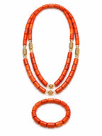 Women’s Double Layer Nigerian Coral Bead Necklace and Bracelet Set with Gold Accents