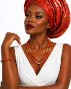 Women’s Double Layer Nigerian Coral Bead Necklace and Bracelet Set with Gold Accents