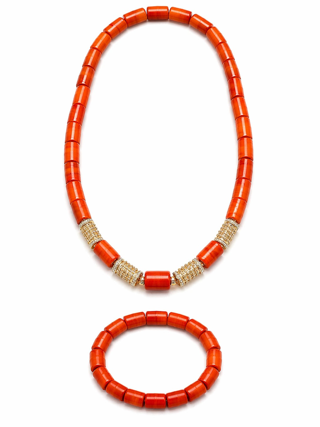 Women’s Nigerian Coral Bead Necklace and Bracelet Set with Gold Spacer Details