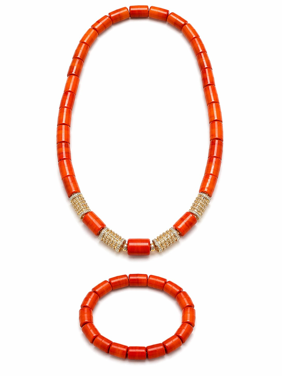 Women’s Nigerian Coral Bead Necklace and Bracelet Set with Gold Spacer Details
