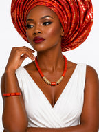 Women’s Nigerian Coral Bead Necklace and Bracelet Set with Gold Spacer Details