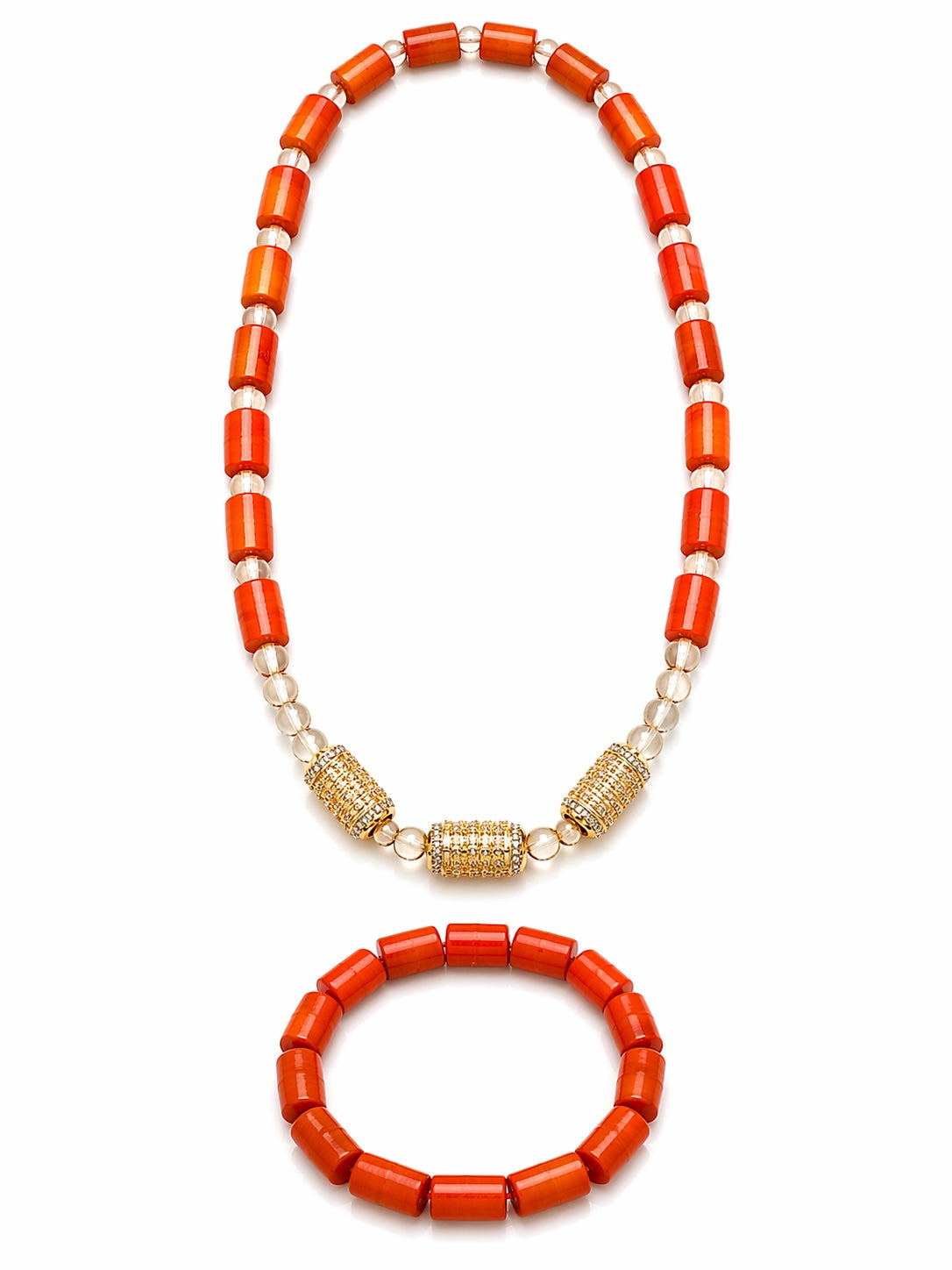 Women’s Nigerian Coral Bead Necklace and Bracelet Set with Clear Beads and Gold Centre Details