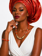Women’s Nigerian Coral Bead Necklace and Bracelet Set with Clear Beads and Gold Centre Details