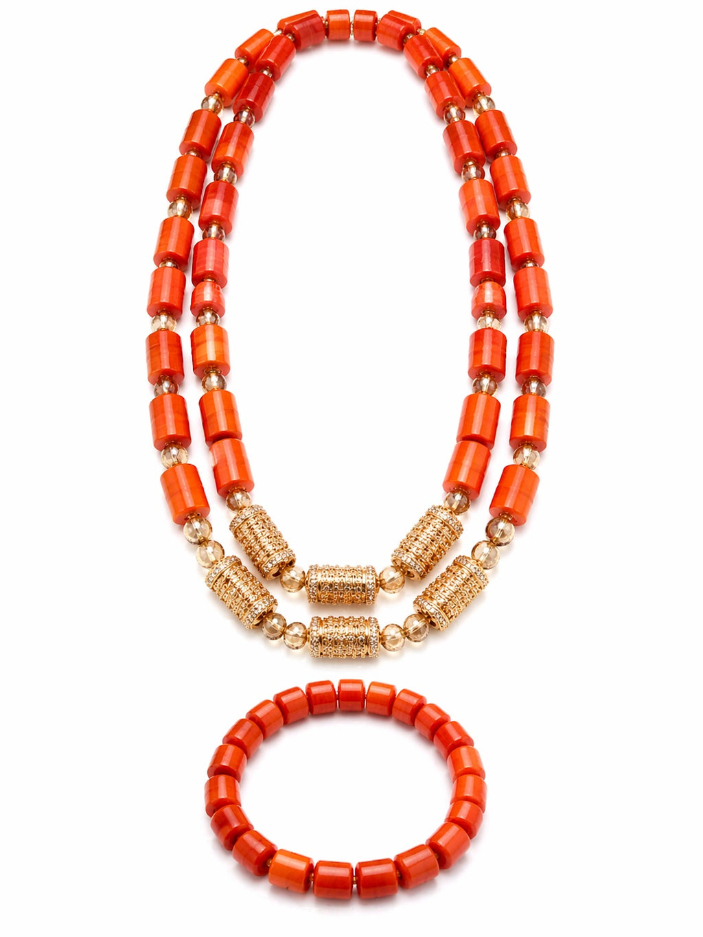 Women’s Double Layer Nigerian Coral Bead Necklace and Bracelet Set with Gold Centre Details