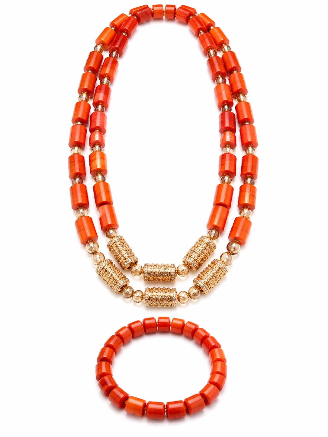 Women’s Double Layer Nigerian Coral Bead Necklace and Bracelet Set with Gold Centre Details