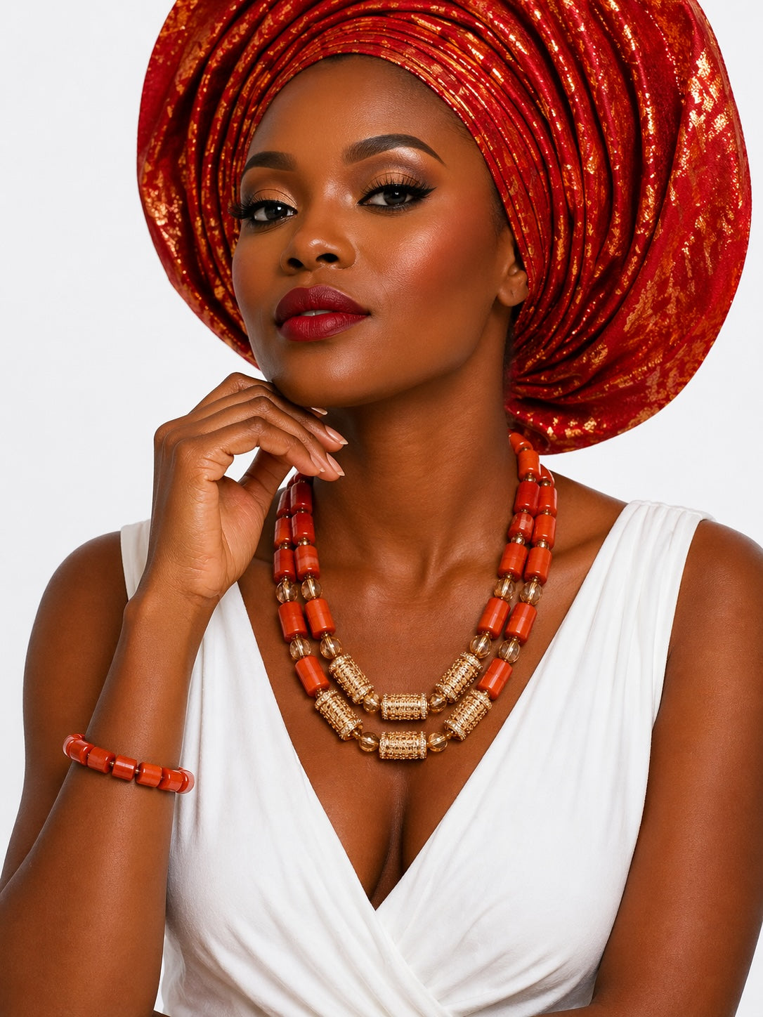 Women’s Double Layer Nigerian Coral Bead Necklace and Bracelet Set with Gold Centre Details