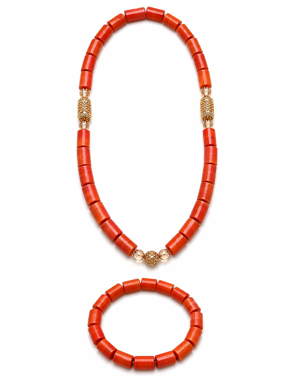 Women’s Nigerian Coral Bead Necklace and Bracelet Set with Gold Accent Details