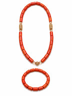 Women’s Nigerian Coral Bead Necklace and Bracelet Set with Gold Accent Details