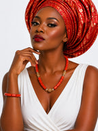 Women’s Nigerian Coral Bead Necklace and Bracelet Set with Gold Accent Details