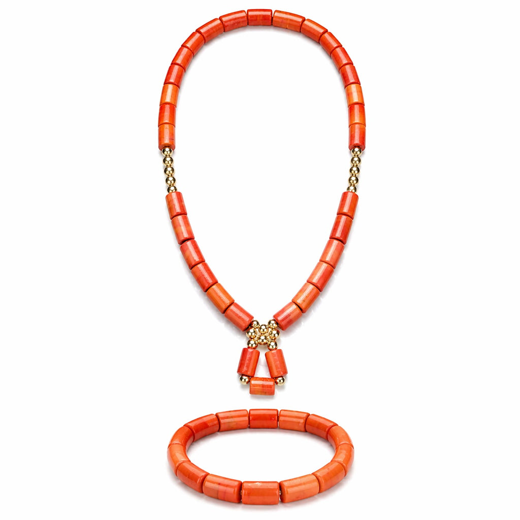Women’s Nigerian Coral Bead Necklace and Bracelet Set with Gold Drop Detail