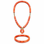 Women’s Nigerian Coral Bead Necklace and Bracelet Set with Gold Drop Detail