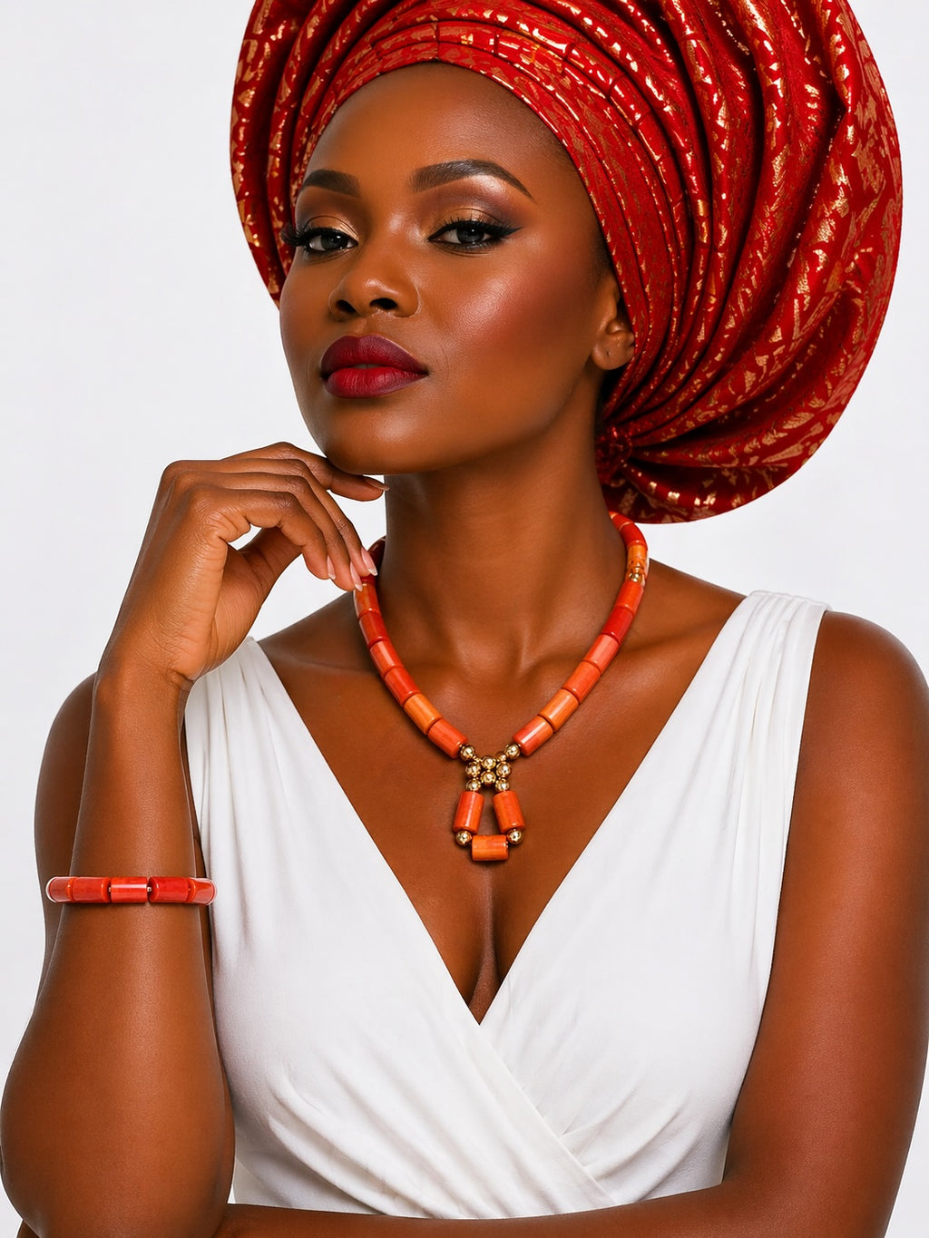 Women’s Nigerian Coral Bead Necklace and Bracelet Set with Gold Drop Detail
